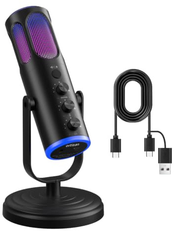 Ortizan USB Gaming Mikrofon für PC & PS5 mit RGB und Geräuschunterdrückung | USB-Kondensatormikrofon mit RGB, Stummschaltung, Kopfhörer-Monitoring und Tischständer für Gaming und Streaming