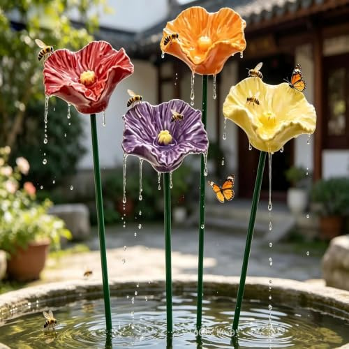 Generisch Keramik Blumen Gartenstecker Vogel und Bienentränke Mini Blumen Gartenstecker Bienentränke Blumenform Fütterungsschale Bienenblüten Keramik Tränke Insektentränke für Garten Blumentopf