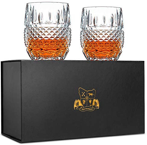 Unique Whisky Glasses Set of 2. Lead Free Ultra Clarity Glass Rocks Tumblers (300ml). 'Crystal Cask' by Van Daemon for Spirits, Bourbon, Scotch. Beautifully Gift Boxed.