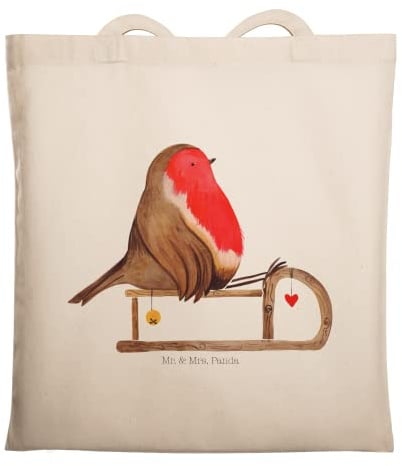 Mr. & Mrs. Panda Baumwollbeutel Rotkehlchen Schlitten - Geschenk, Weihnachten, Laptoptasche, Uni Tasche, einkaufsshopper, Schultasche, Vogel, Jutebeutel