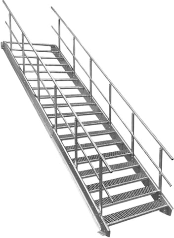 18 Stufen Stahltreppe mit beidseitigem Geländer/Breite 100cm Geschosshöhe 299-360cm / Robuste Außentreppe/Wangentreppe/Stabile Industrietreppe für den Außenbereich/Inklusive Zubehör