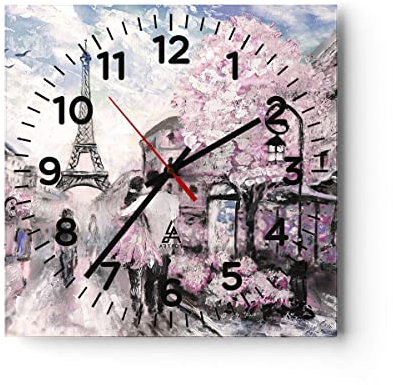 Modern Wanduhr Paris Weg Illustration Eiffle 30x30cm Quadrat Klein Wand Uhr Glas Analog Zimmeruhren Küche Büro Wohnzimmer Glasuhr Wall Clock Dekoration Design Wanddekoration Küchenuhr C4AC30x30-3149