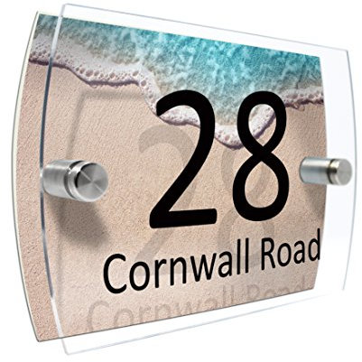 CS Printing House Number Sign Plaque Garden Glass Effect Acrylic Sign Door Plate Marble Wall Display 2 Part Branded Acrylic (Ocean beach)