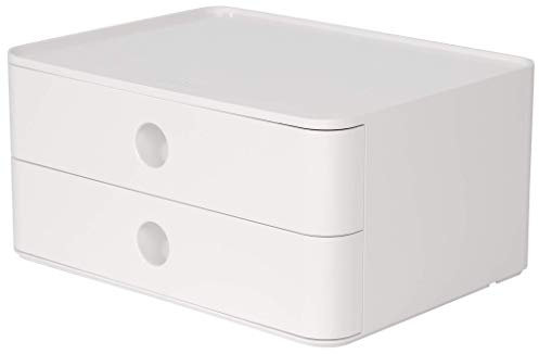 HAN Schubladenbox Allison SMART-BOX mit 2 Schubladen und Trennwand, Kabelführung, stapelbar, Utensilienbox für Büro, Schreibtisch Küche, möbelschonende Gummifüße, 1120-12, hochglänzend, snow white