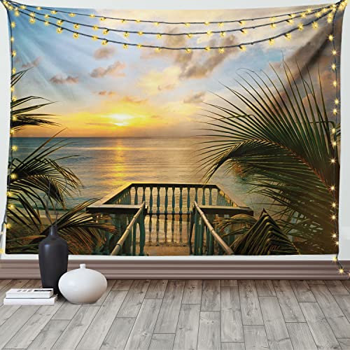 ABAKUHAUS Tropisch Wandteppich und Tagesdecke, Palms Sunset Scenery aus Weiches Mikrofaser Stoff Waschbar ohne Verblassen Digitaldruck, 230 x 140 cm, Beige Orange