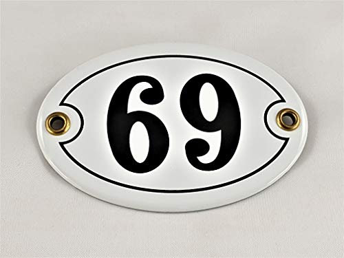 Numero civico smaltato n. 69, ovale, bianco e nero, con viti e tasselli, realizzato a mano