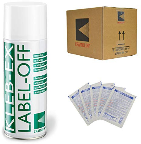 KLEB-EX – VPE: 12 x 400 ml – Solvente colla e solvente per etichette – ITW Cramolin – 1341611 – Rimuovi etichette e colla con 5 pezzi DEWEPRO® SingleScrubs