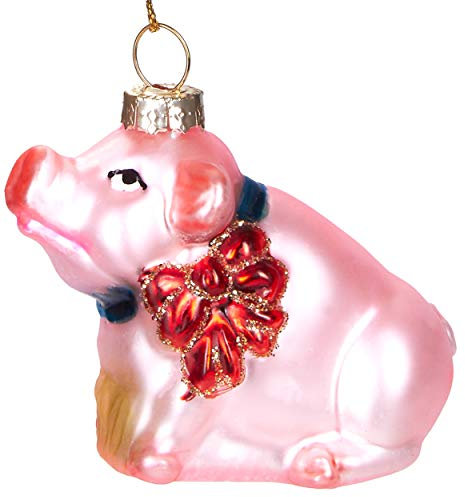 BRUBAKER Cerdo de la Suerte con Lazo - Bola de Cristal Pintada a Mano - Bola de arbol de Navidad con Figuras de Decoración de Boca Soplada Divertida Bola de arbol Colgante - Ca. 6.5 cm