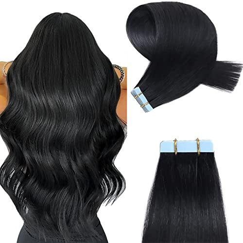 YILITE Tape Extensions Echthaar, Jet Black 35cm 20 Stück/Packung 40g Tape in Extensions Echthaar Invisible Seidig Gerade Skin Weft Tape Ins Natürlich Erweiterungen (35cm #1 Jet Black)