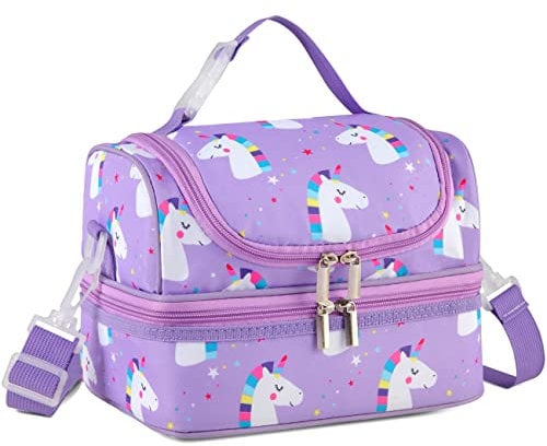 VASCHY Kids Insulated Lunch Bag, Portable Lunch Bag with Separate Compartments Reusable Lunch Handbag with Adjustable Shoulder Strap for School and Picnic, Unicorn, Unicorn, Children,Thermal