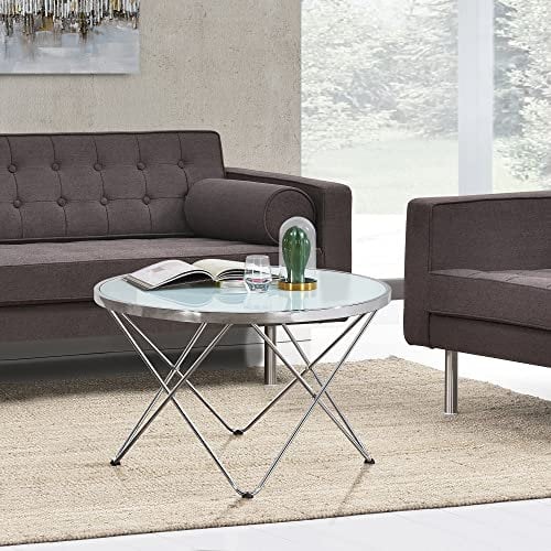 Mesa de Centro para Salón Mesa de Café Metal Cromado Cristal Templado Redonda 80 x 50 cm Plateado Cidrio Esmerilado