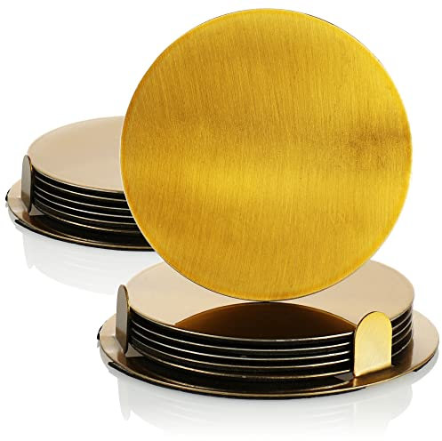 COM-FOUR® Juego de Posavasos de 14 Piezas con Soporte -Posavasos de Acero Inoxidable -Posavasos Redondos de Color Dorado (014 Piezas - Dorado)