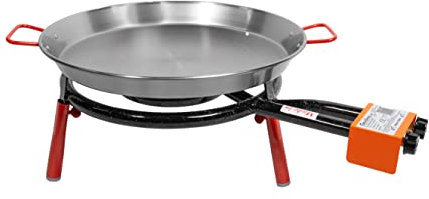 Machika Valencia Paella Kit with 18-inch Carbon Steel Pan | 8-16 in Double Ring Paella Burner and Stand Set (10 in) | Perfect for Gastronomic Events, Caterings, Camping | 12 Servings