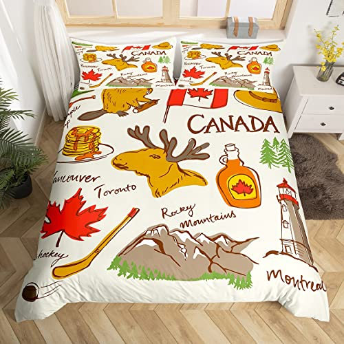Loussiesd Kanada Flagge Bettwäsche Set 155x220cm Elchgeweih Kinder Bettbezug Set für Jungen Mädchen Ahornblätter Muster Betten Set Atmungsaktiv Canada Elements Zimmerdekoration Bettbezug