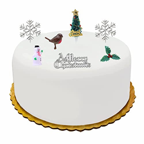 Christmas Cake Decorations Cake Toppers (7 Piece) Uk Cupcake Decorations Kit Holly Tree Christmas Sign Snowman Christmas Tree Holly Leaf Robbin Snowflake (Silver Set)