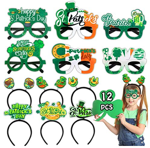 Acevegue 12 Stück St. Patrick's Day Kostüm Kopfbedeckungen, 6 Stück Lustige Partybrille+6 Stück Haarreifen St. Patrick's Day Decorations, Ireland Erwachsene Kinder Party Deko