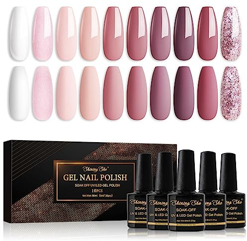 Shining She Gel Nail Polish, 10 Colors Pink Nude White Glitter Pastel Gel Polish Soak-Off UV/LED Manicure for Women Nail Art Salon DIY Home, 8ML