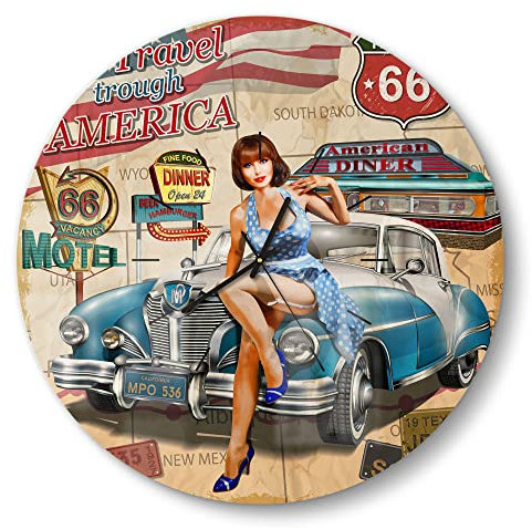 DEQORI Glasuhr | rund Ø 50 cm | Motiv Route 66-Plakat | große XXL Design Uhr aus Glas | leise Wanduhr für Wohnzimmer & Küche | Moderne Hingucker Uhr für die Wand