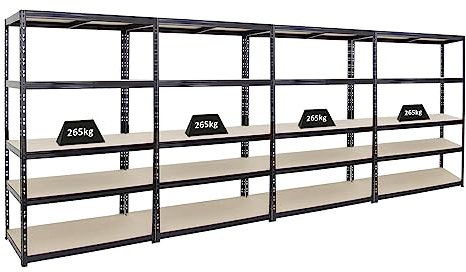 PROREGAL Mega Deal | 4X Schwerlastregal Giant Tiger | HxBxT 200x120x60cm | Fachlast 265kg | 5-Ebenen | Schwarz | Garagenregal Kellerregal, Werkstattregal