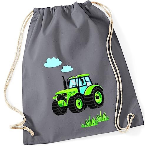 minimutz Turnbeutel Kinder Jungen aus Baumwolle | Motiv Traktor Bulldog mit Wolken & Gras | Schuhbeutel Sportbeutel zum Zuziehen mit Kordel 37cm x 46cm in Grau