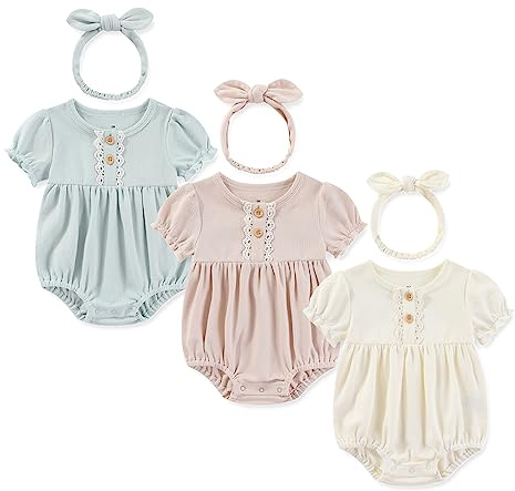 Ecojoy Baby Girl Vest 3PCs Grow Long/Short Sleeve Summer Fall Bodysuit with 3 Headbands/Hats