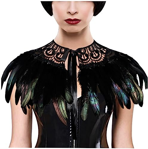 keland Damen Gotisch Feder Umhang Schultertuch Poncho Bolero Stola mit Rosen Kragen für Halloween Cosplay Kostüm (Schwarz-001)