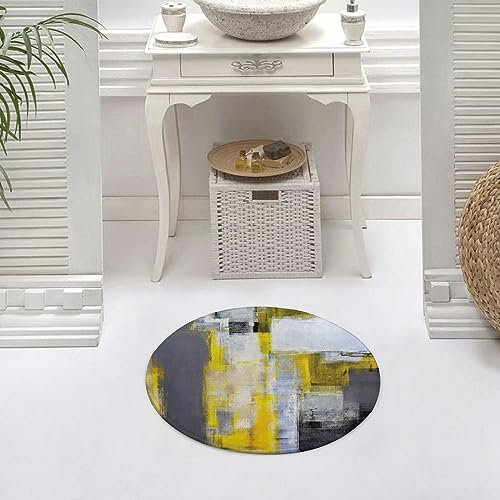 Runder Waschbare rutschfeste Badezimmer Teppich Gelbes und graues abstraktes Kunst-Malerei-Desig Rund Klein Badematte 60 cm,Teppiche für Eingangsbereich Innen Dusche Zimmer Kinderzimmer Schlafzimmer