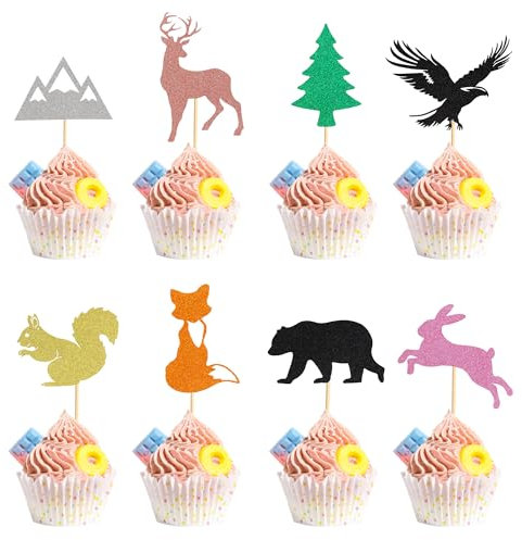 Arthsdite 24Pcs Woodland Creatures Theme Cupcake Toppers Tree Mountain Deer Bear Rabbit Squirrel Fox Cupcake Picks Safari Jungle Animals Theme Baby Shower Birthday Party Cake Decorations Supplies