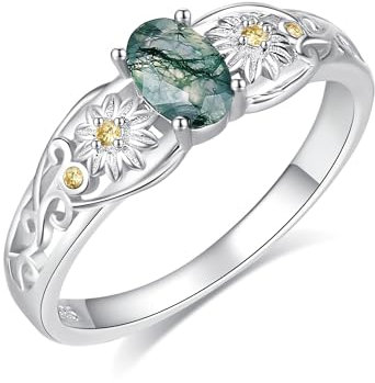 Natürlicher Moos Achat Ring Daisy Ring 925 Sterling Silber Moosachat Schmuck Geschenke für Damen Frauen Mädchen Mutter (Größe 7)