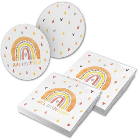 itenga 40x Servietten mit 40x Bierdeckel Schön dass du da bist (Regenbogen)