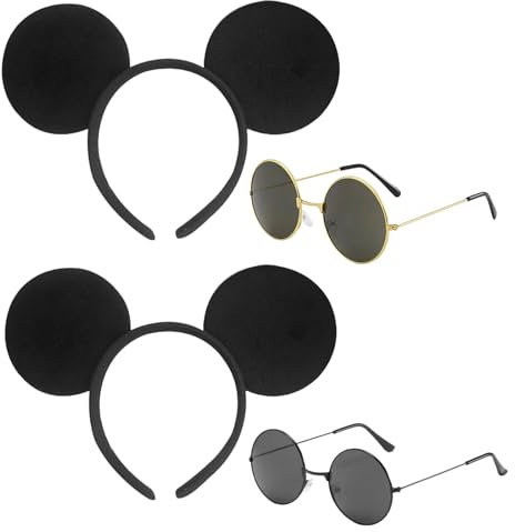 EUPSIIU 4 Pieces Mouse Costume Set Mouse Ear Headband Black & Gold Glasses, Cartoon Mouse Ears Birthday Party Accessories Fancy Dress World Book Day Animal Costume For Kids Adults Party Cosplay (4PCS)