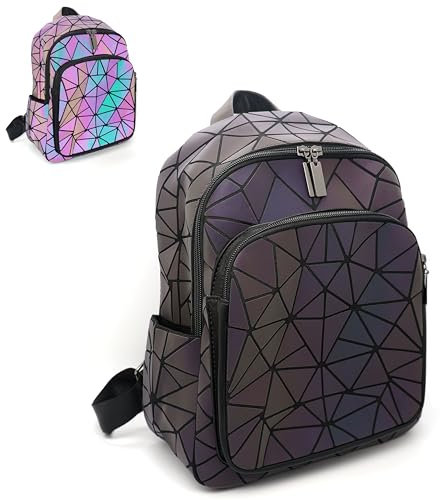 CAFINY Geometrische Rucksack Geometrischer Tasche Damen Geometrisches Muster Holografische Damentaschen Taschen Leuchtend Damenrucksack Retro Holografischer Daypack für Freizeit, College, Arbeit