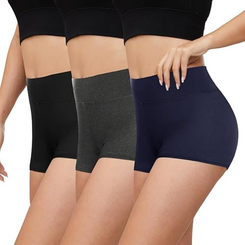 Gayhay 3er Pack Radlerhose Damen Kurz für Kleid High Waist Kurze Leggings Damen Hotpants Sport Shorts Sporthose,Schwarze/Dunkelgrau/Navy,L/XL