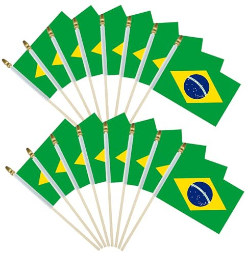Lot de 16 petits drapeaux du Brésil sur bâton – Mini drapeaux brésiliens avec dessus en lance sans danger pour les enfants – Mât en bois de 12,7 x 20,3 cm – Drapeaux à main pour décorations