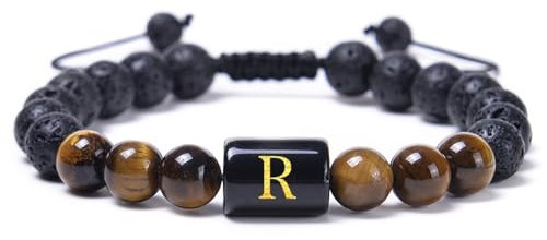 Wycian Bead Bracelet Men, Männer Armband Perlen Schwarz Lavagestein Kristall Alphabet R Perlen Geflochten 29.2cmx8mm 1er Naturstein für Vatertag