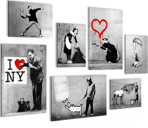 Novart Wandbilder Banksy Collage - KOMPLETT AUFHÄNGFERTIG - Street Art Wohnzimmer Büro Loft - 7 Moderne Mood-Bilder - N003272b