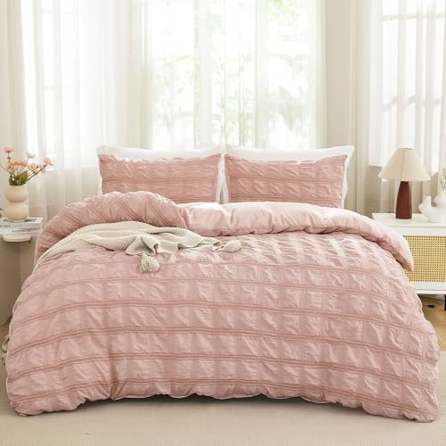 Fondream Pink Seersucker Duvet Cover King Size Pompom Tassels Design Bedding Set Textured Bedding Set with Zipper Closure (Pink, King)