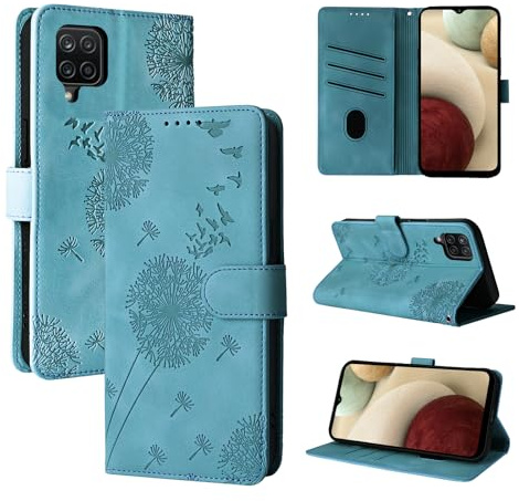 Rostsant Handyhülle für Samsung Galaxy A12/M12 - Löwenzahn PU Leder Flip Case Brieftasche Tasche Hülle Magnetisch - Blau