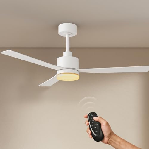 EMKE Deckenventilator mit Beleuchtung 132 cm, Fernbedienung Leise 35W Motor 6 Geschwindigkeiten Timer LED 18W 3-farbige Lichtregulierung Lampe mit Ventilator Deckenventilatoren Weiß