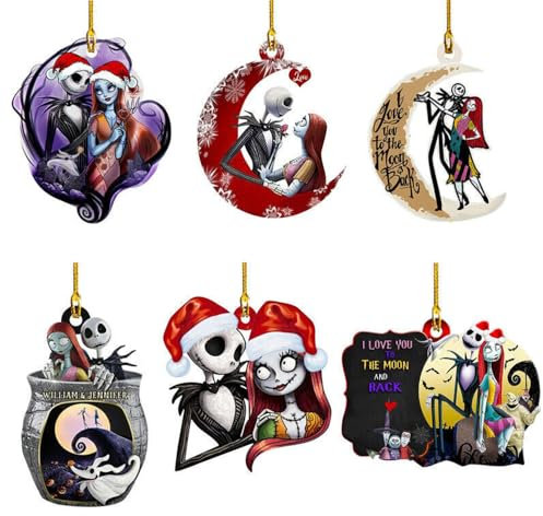 2025 Before Christmas Tree Decorations, 6PCS Acrylic Cute Funny Jack and Sally Hanging, 2D Flat Ornaments Set for Halloween Christmas New Year Holiday and Car Interior, Winter Decor