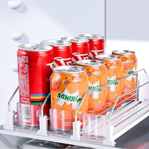 Drink Organizer for Fridge, Soda Can Organizer Dispenser for Refrigerator with Automatic Pusher Glide, Width Adjustable Clear Dividers Can Holder for 15 Cans, 15''D x16.6''W, 3 Rows