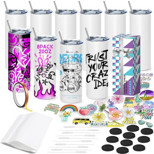 WULAIHO Sublimation Blanks Skinny Tumbler, 10 Pack, 20 OZ White Straight Bulk Stainless Steel Tumbler, with Lid and Straw, Shrink Wrap, Individually Boxed, Blank White, Adhesive Tape