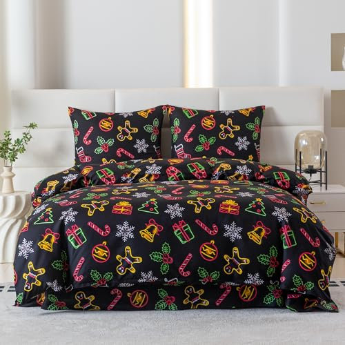 Cotton Market Bettwäsche - Baumwoll-Mikrofaser Weihnachts-Set - 2 Teilig: Bettbezug 135x200 cm und Kissenbezug 70x80 cm - Neon, Schwarz