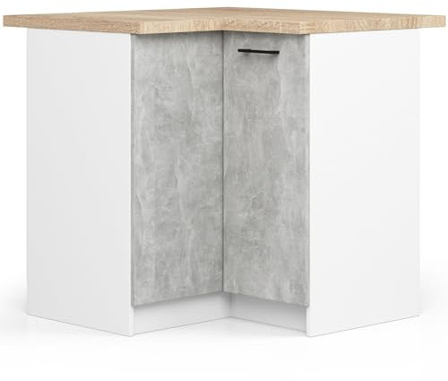 AKORD | Eck-Küchenschrank mit Arbeitsplatte - Oliwia S90 | Küchenunterschrank mit 2 Türen und 2 Einlegeböden | Unterschrank Küche 90 cm Breit | ABS-Kante 18 mm | 46 x 90 x 85 cm | Weiß & Beton