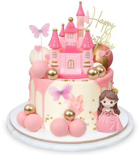 LACGO Princess Castle Cake Toppers Pink 18pcs with Organza Butterfly Balls Happy Birthday Cake Decorations, Princess Castle Cake Decorations for Baby Shower Girl, Princess Birthday Party Supplies