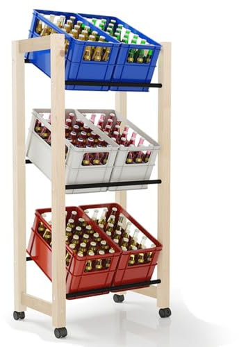 ARTETHYS Getränkekistenregal 3 Getränkekisten, Getränkeregal mit Rollen, Stabil & Platzsparend Kistenregal, Regal für Getränkekisten Bierkisten und Wasserkasten, Getränkekistenhalter aus Holz