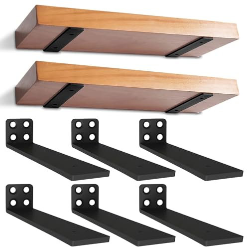 Lot de 6 Supports d'étagère Flottants - 25cm Supports d'étagère Murale en Métal Invisibles, Supports Muraux Cachés, Supports Muraux en Métal Robuste pour étagère de Stockage, Bibliothèque (Noir)