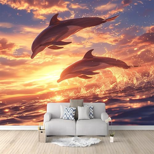 Fototapete 3D Vliestapete mit Delfin Animal-Print Weiß 200x140cm XXL Panorama Wandbild für Mädchen & Jungs Schlafzimmer Wanddekoration mit 3D Effekt