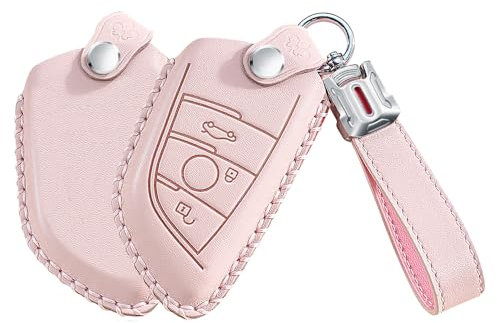 KUNIO Keyless Coque de clé pour BMW 1 2 3 5 6 7 Series Active Tourer F21 F45 F46 F48 X1 X3 X4 X5 X6 F15 F85 F16 F86 Cuir Clé de Voiture Protection Porte-clés 3 Boutons A Rose