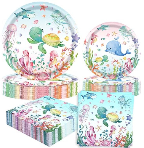 60PCS Ocean Plates and Napkins Under The Sea Decorations for 16 Guests Dinner Desserts Plates Sea Animal Underwater Beach Pool Summer Baby Shower Birthday Party Supplies